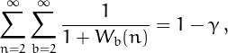 \[
\sum_{n=2}^{\infty}\sum_{b=2}^{\infty}\frac{1}{1+W_b(n)} = 1-\gamma\,,
\]
